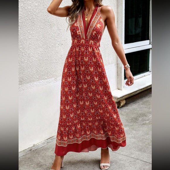 Boho floral print ruffle hem tie back halter maxi dress - Picture 7 of 7